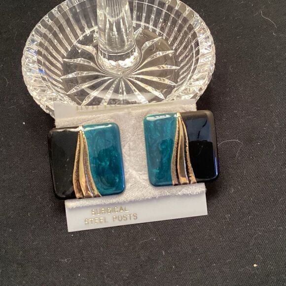 Turquoise, Black and Goldtone Square Earrings Post Back - Picture 2 of 5